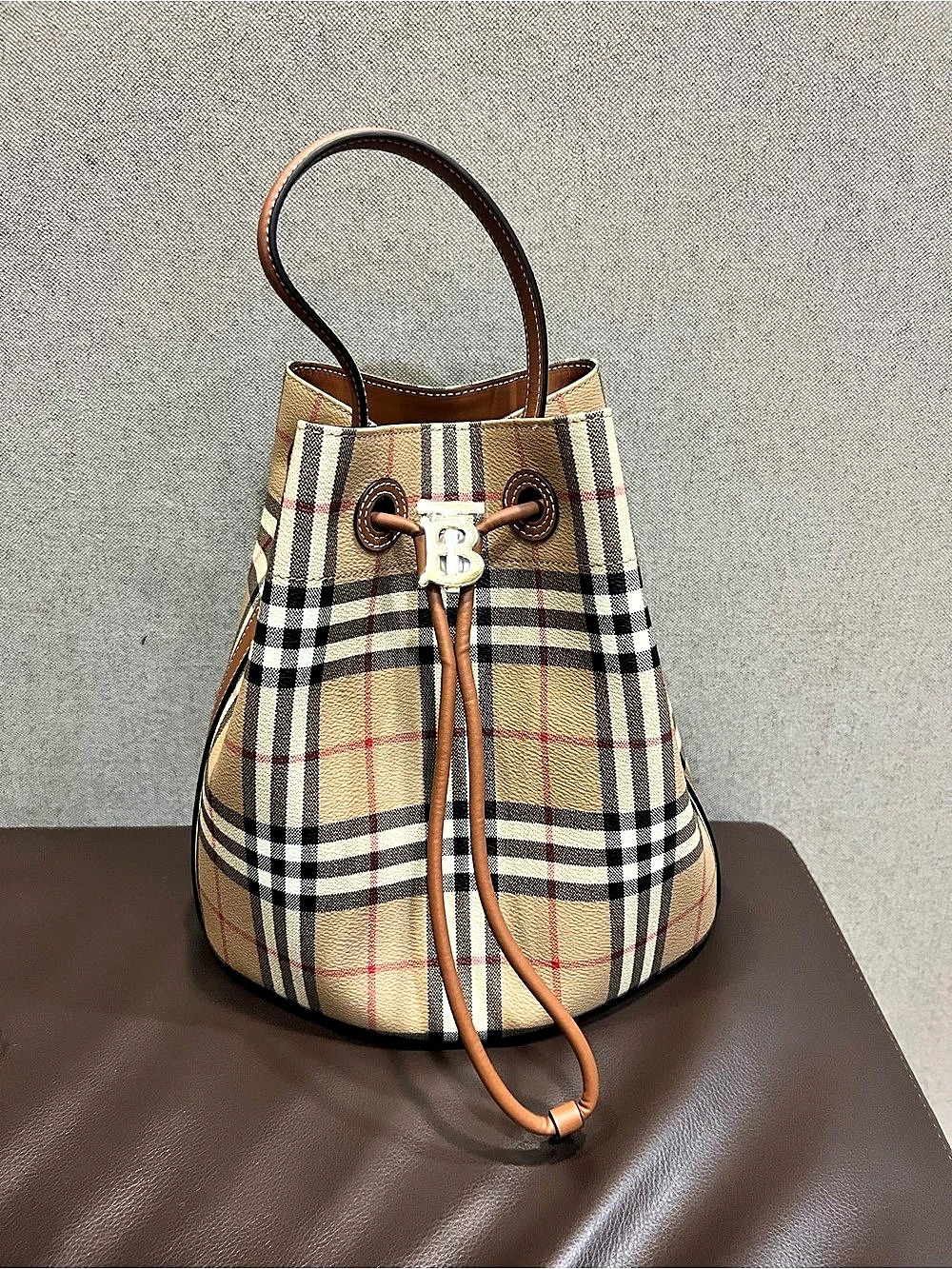 Burberry Mini Check Bucket Bag Plaid Shoulder Bag Brown & Tan
